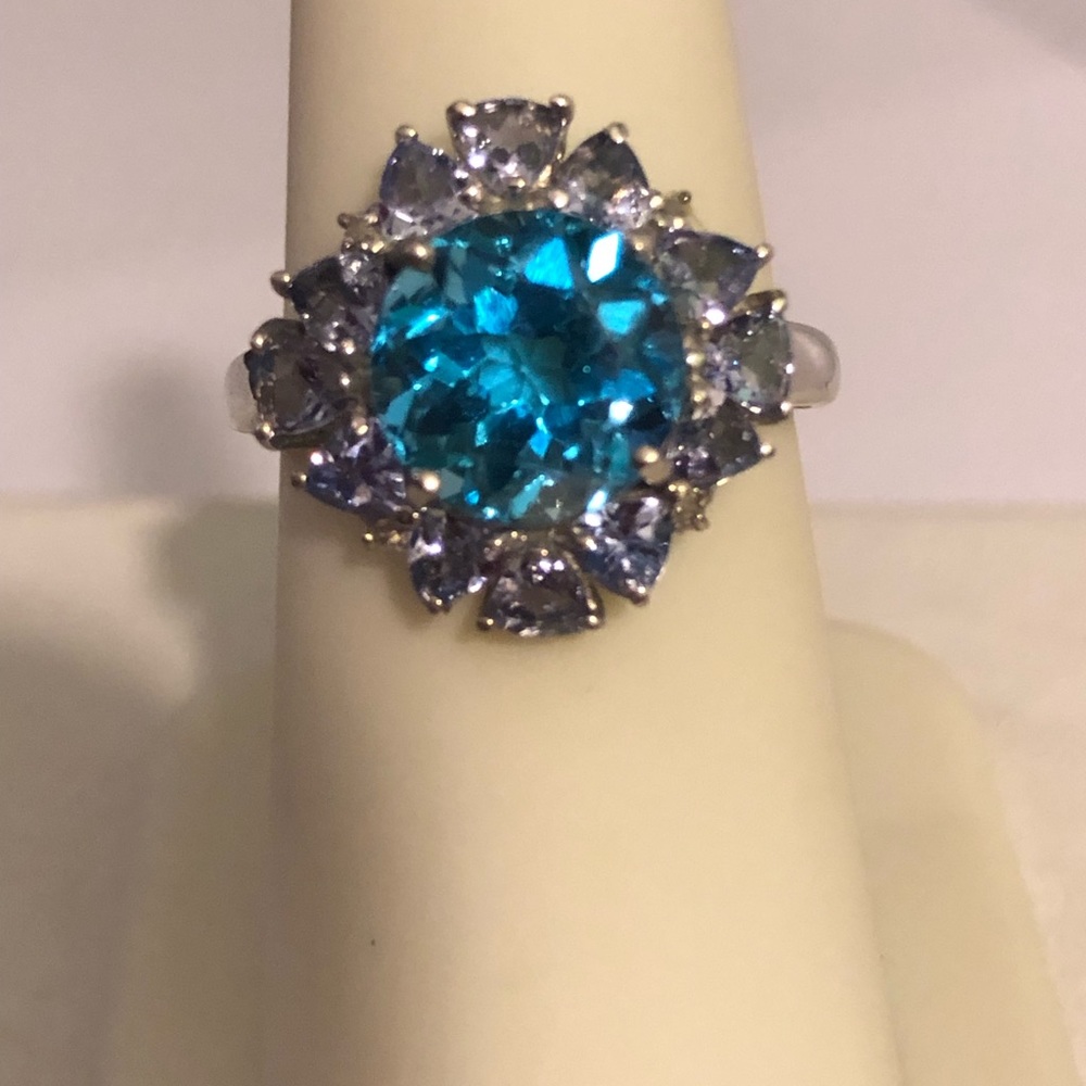 Electric Blue Topaz, Tanzanite & Diamond Ring